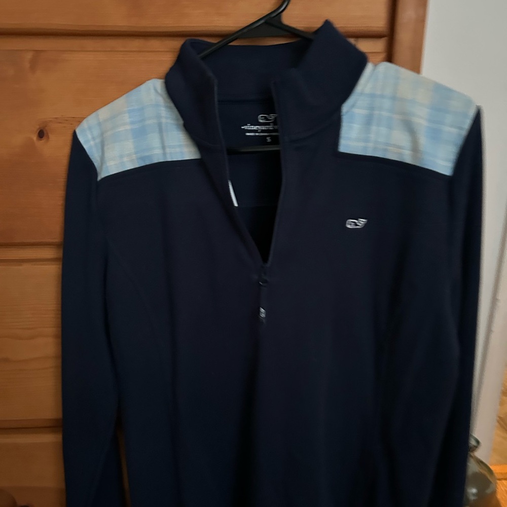 Vineyard Vines Navy Zip-Up Sweater with Light Blue Plaid Accents